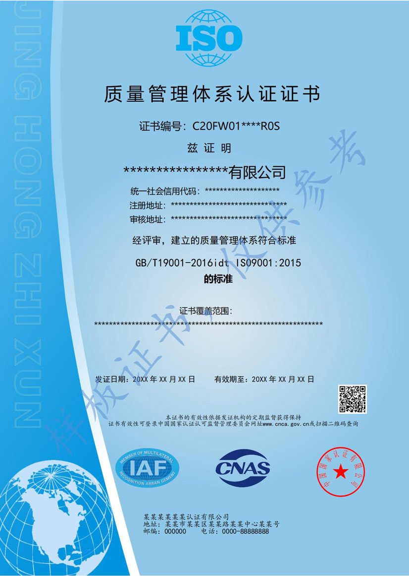 肇庆iso9001质量管理体系认证证书(图1)